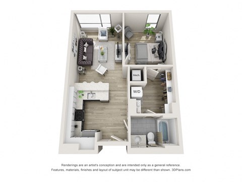 Floor plan for 1 bed, 1 bath, 679 sqft